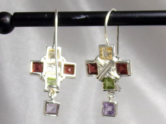 Sterling Silver Multi Colored Stone Dangle Cross … - image 3