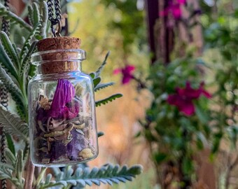 Könnte beinhalten: Eine Halskette mit einer Glasflasche, einem Korkverschluss und einer getrockneten lila Blume im Inneren. Die Flasche hängt an einer silbernen Kette und ist von grünem Laub umgeben.