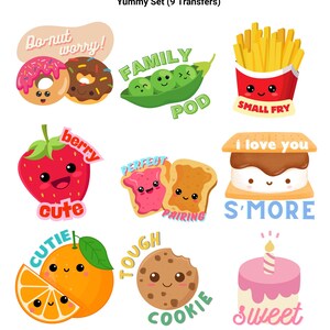K&ouml;nnte beinhalten: Neun bunte B&uuml;gelbilder mit niedlichen Cartoon-Lebensmittelfiguren mit Wortspielen. Die Figuren umfassen einen Donut, eine Erdbeere, eine Erbsenkapsel, Pommes Frites, einen S'more, eine Orange, einen Keks und eine Geburtstagstorte.