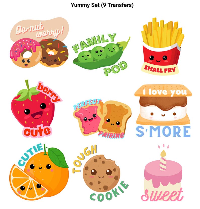 K&ouml;nnte beinhalten: Neun bunte B&uuml;gelbilder mit niedlichen Cartoon-Lebensmittelfiguren mit Wortspielen. Die Figuren umfassen einen Donut, eine Erdbeere, eine Erbsenkapsel, Pommes Frites, einen S'more, eine Orange, einen Keks und eine Geburtstagstorte.