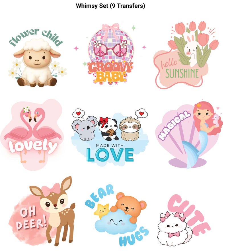 Bügelbild Vinyl Designs für Baby Strampelanzug | 9 Aufkleber | Babyparty-Dekorationsaktivität Whimsy