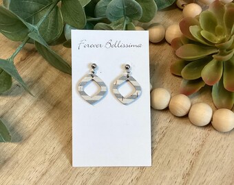 Gray and White Striped Earrings | Cork | Leather | Geometric | Petite |  Nautical | Beach | Ocean | Summer | Earrings | Handmade
