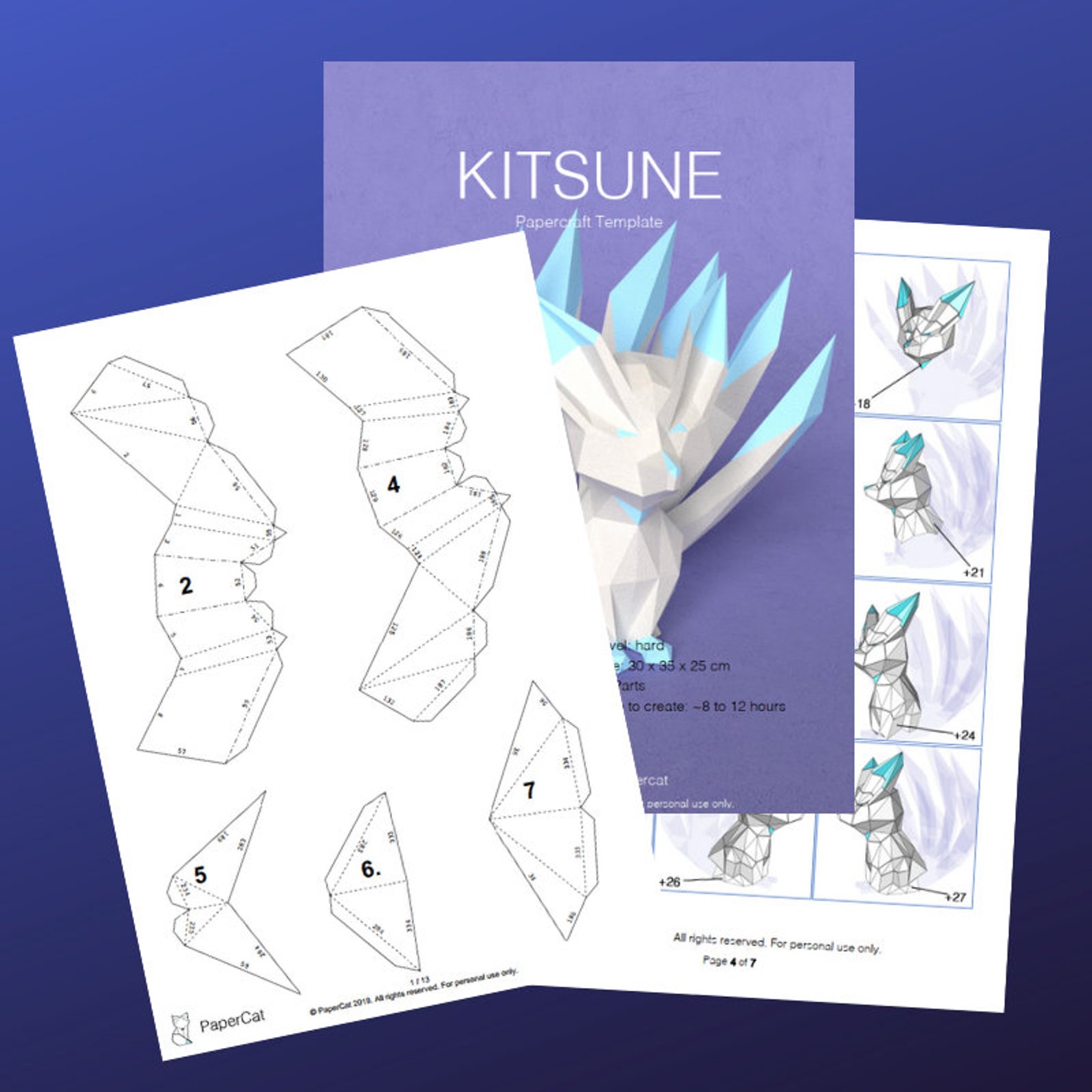 Kitsune Papercraft Paper fox Low poly Yokai Etsy