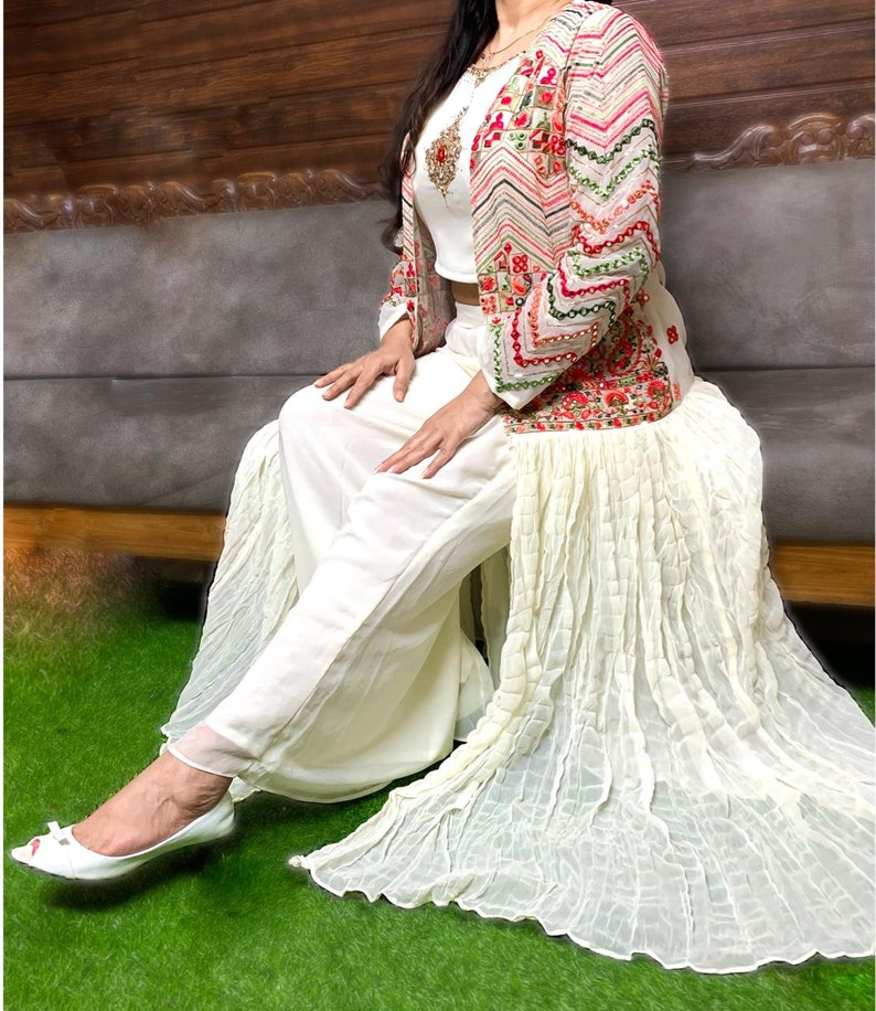 UK Stock-Crop top with long jacketGeorgetteEmbroidered PlazzoIndowesternGiftMother\u2019s Day