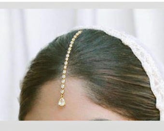 Gold and. Silver Finish Tikka Headpiece - White Stone Indian Jewelry