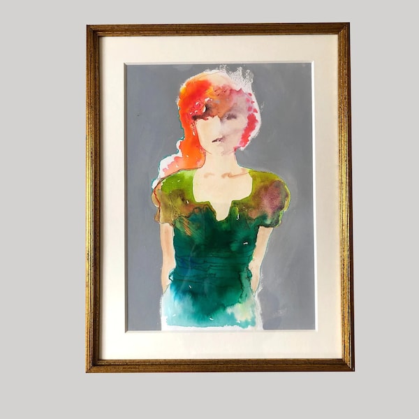Original Red Haired Fashion Watercolour Portrait Painting in Gold Coloured Vintage Frame