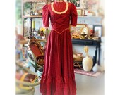 Vintage 1970 39 s Handmade Marron Ditsy Floral Lace and Velvet Trim Gunne Sax Style Prairie Dress