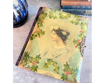 RARE Antique Victorian Christmas Floral Velvet And Celluloid Photo Album, Red And Green Holly / Farmhouse Country X-Mas