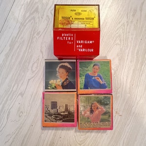 May include: A red plastic filter box with the text "plastic FILTERS for VARIGAM and VARILOUR" and a yellow top. Below are four small boxes with images of women and cityscapes. The top box reads "VARIGAM & HIGHSPEED VARIGAM".