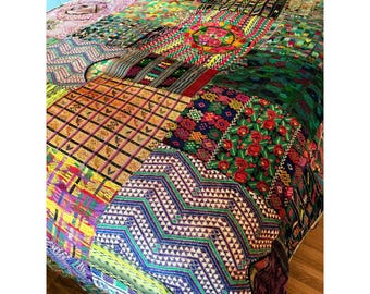 Vintage Handmade Huipil Patchwork Quilt Blanket Bohemian Folk Art Style 98"x83" Multicolor South American