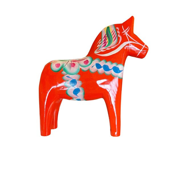 Figurine de cheval Dala suédoise fabriquée à la main des années 1960 5 x 4,5 x 1,25 par Nils Olsson en bois peint rouge/multicolore