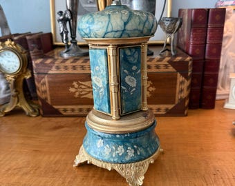 Vintage Reuge Music Carousel Cigarette Lipstick Holder Made In Italy With Floral Blue Marble & Gold Accents Music Box