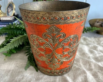 Vintage Orange And Burnished Gold Old World Florentine Wastebasket / Hollywood Regency