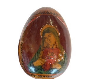 Antique Hand Painted Russian/Balkan Orthodox Wooden Religious Icon Egg W/ Madonna