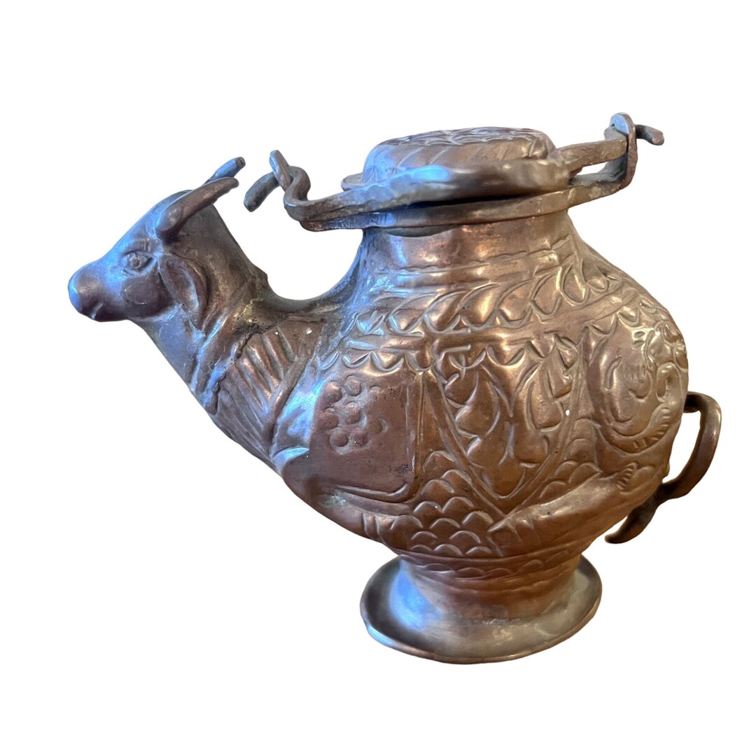 Antique Indian Holy Hindi Brahma Bull Water Pot Copper Inlay Engraved