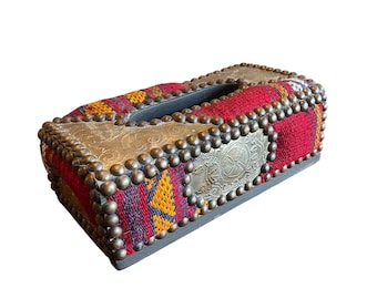 Handcrafted Moroccan Decorative Tissue Box W/ Ornate Brass Accents & Vibrant Fabric