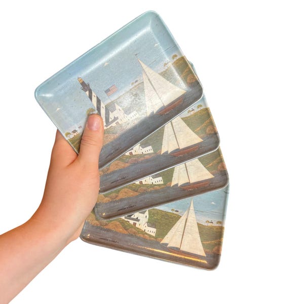 Set Of 4 Vintage Coastal Lighthouse Scene Italian Made Plastic Dishes By Warren Kimble