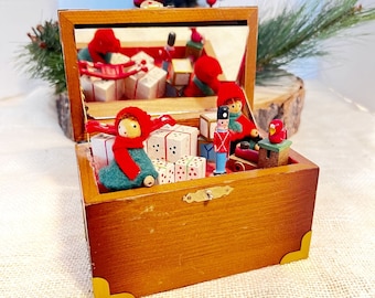 Vintage Musical Wooden Toy Box Filled With Happy Children And Christmas Goodies