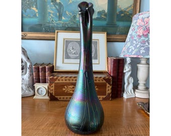 Vintage Purple Art Nouveau Style Iridescent Glass Vase With Organic Design & Sculpted Rim 19" Tall