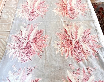 Vintage 1940s Barkcloth Pink Sprays Of Flowers On Blue / Gray Background Remnant Perfect For Pillows Or Upholstery Project