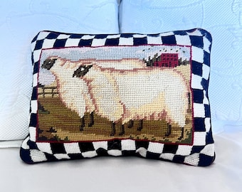 Vintage Needlepoint Pillow Black Check Border And Country Sheep Pillow Black Velvet Backing