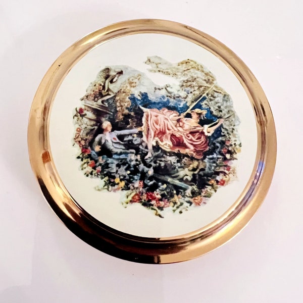 NEW Old Vintage English Gold And Enamel Cottage Core Courting Couple Powder Compact Irice / Kigu Of London / Victorian Scene