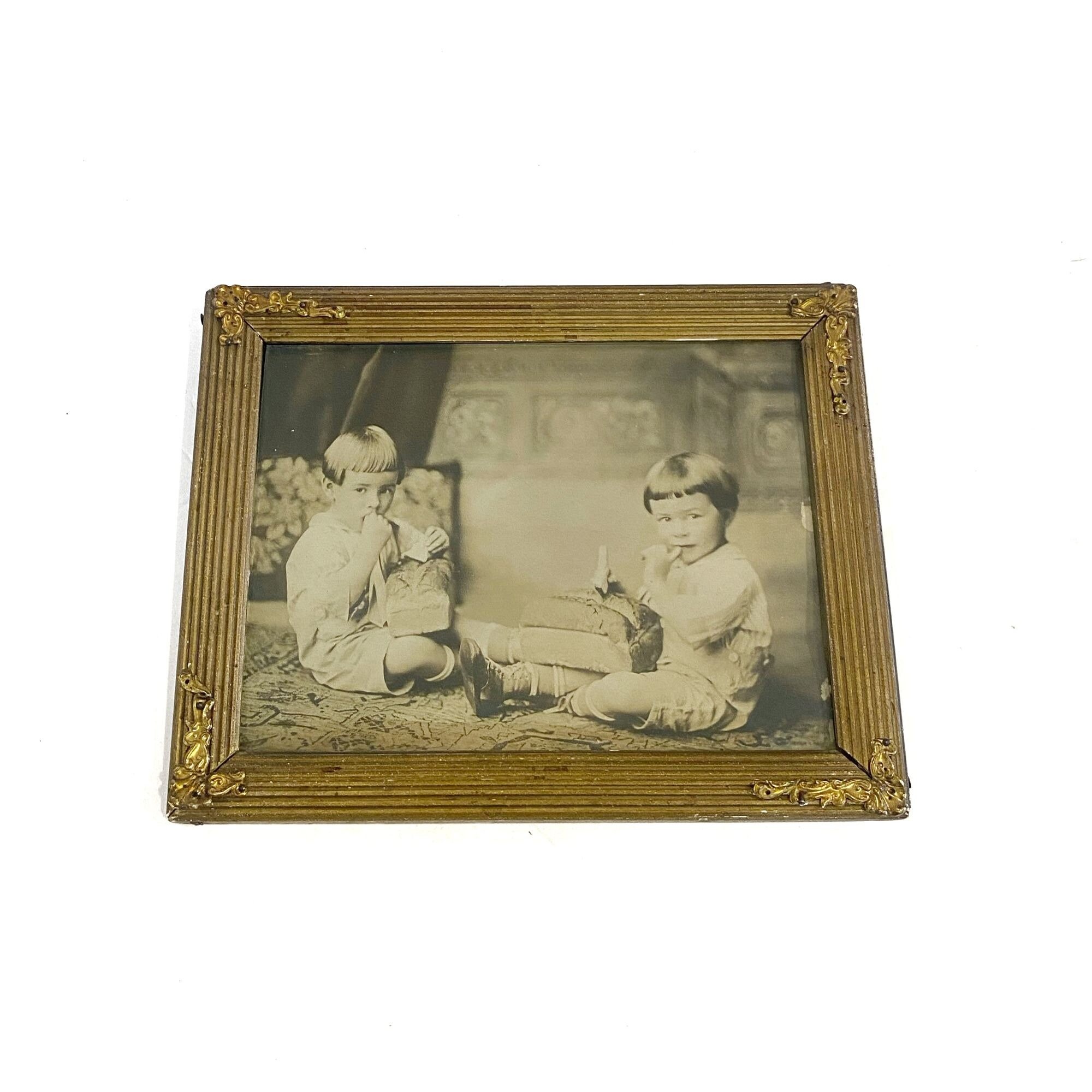Antique Framed Black and White Photograph of Two Children 9.5in x 7in