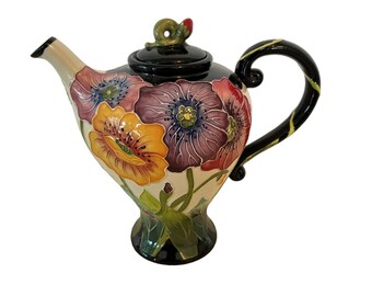 Vintage Blue Sky Clayworks Teapot Poppy Flowers Icing on the Cake 2005 Collection Gift