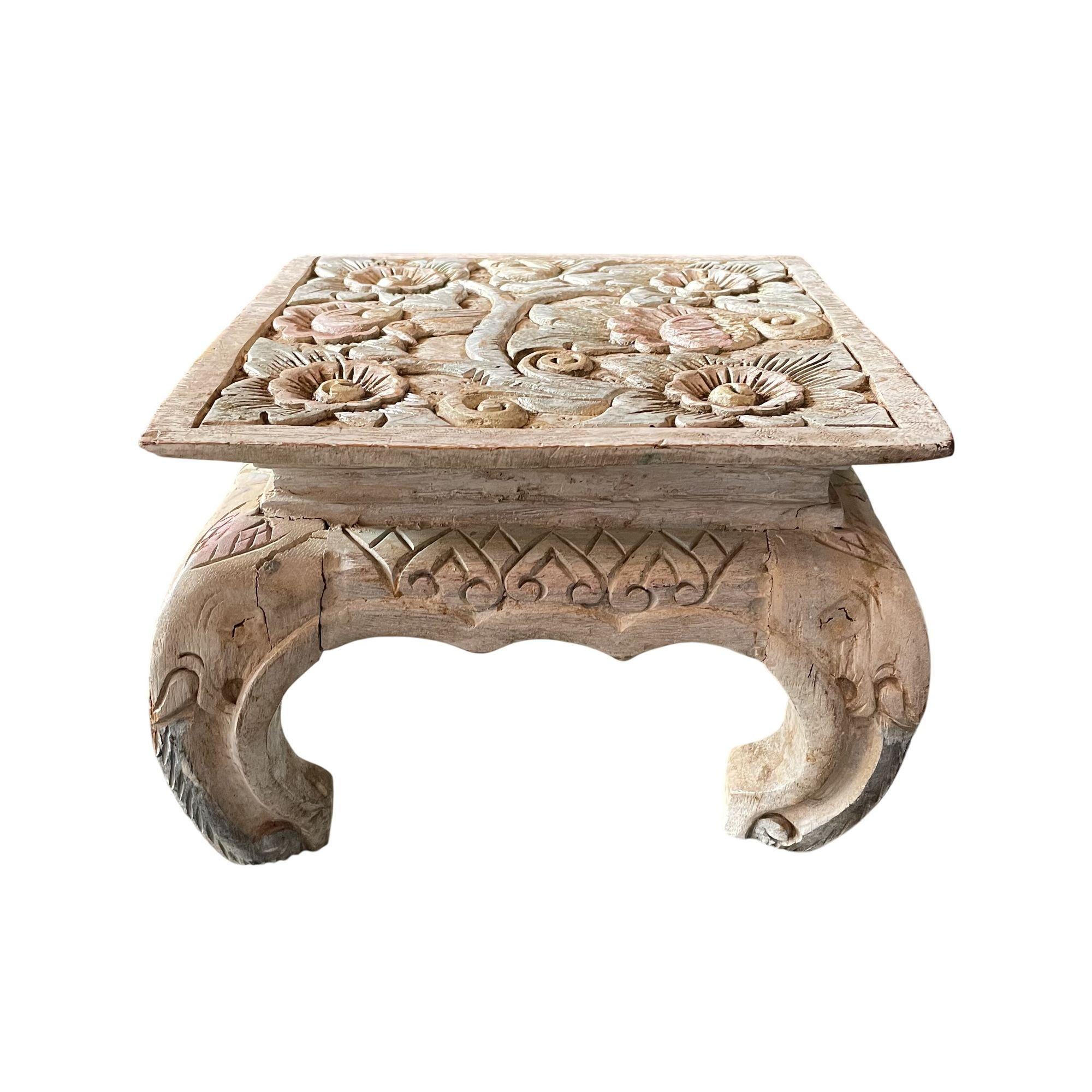 Unique Vintage White Floral Carved Victorian Style Wooden Milking Stool/Plant Stand