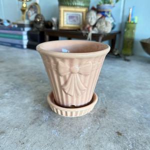 May include: A light pink ceramic planter with a matching saucer. The planter features a bow design and vertical ribbed detailing. The planter is designed for indoor or outdoor use and is suitable for small plants or herbs.