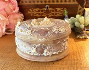 Vintage Rococo Style Light Dusty Pink Cream Oval Jewelry Box With Intricate Cherub & Floral Details / Genuine Incolay Stone Trinket Dish