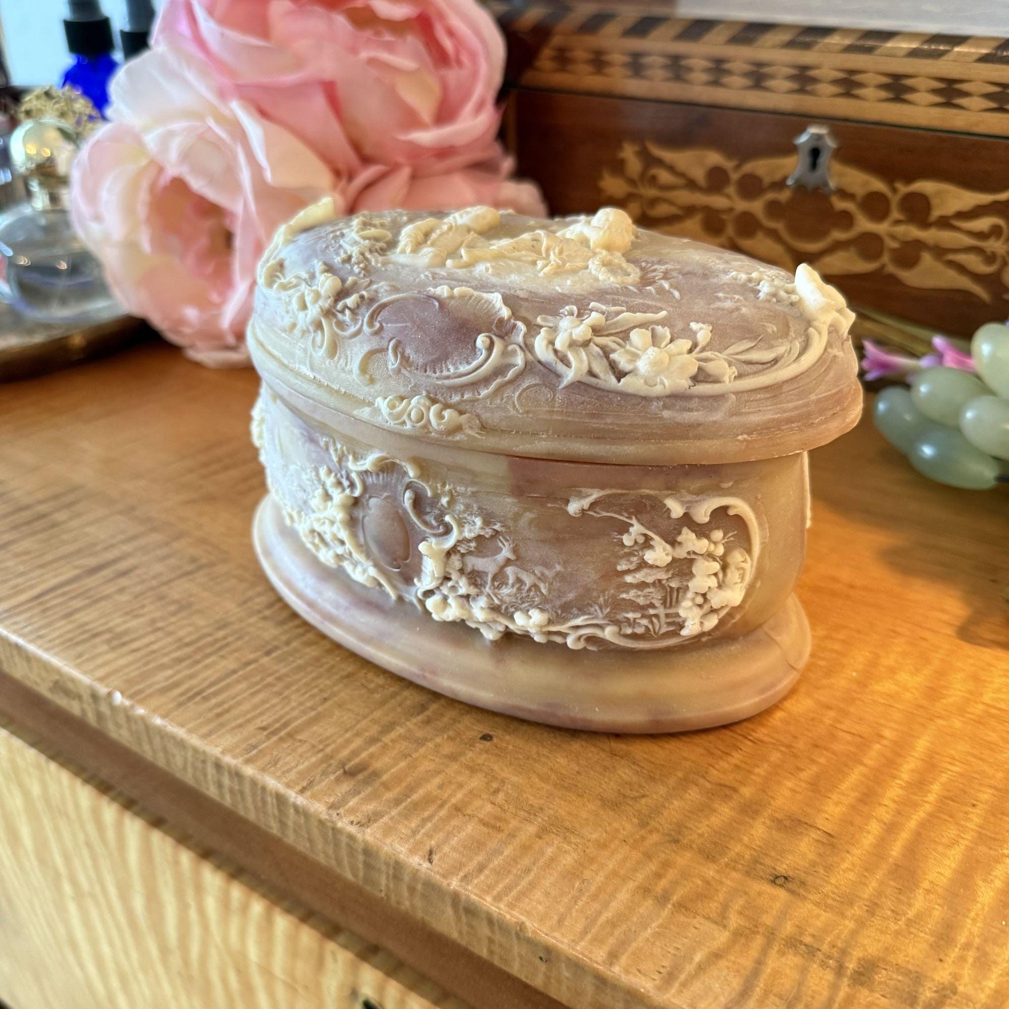 Pink Incolay Box Vintage Rococo Style Light Dusty Pink Cream Oval Jewelry Box With ...