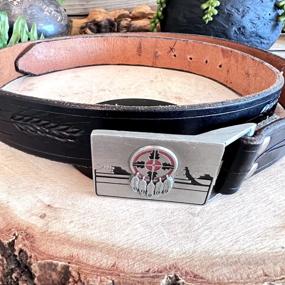 42" Vintage Custom Black Leather Cowboy Belt With Nat… Gem