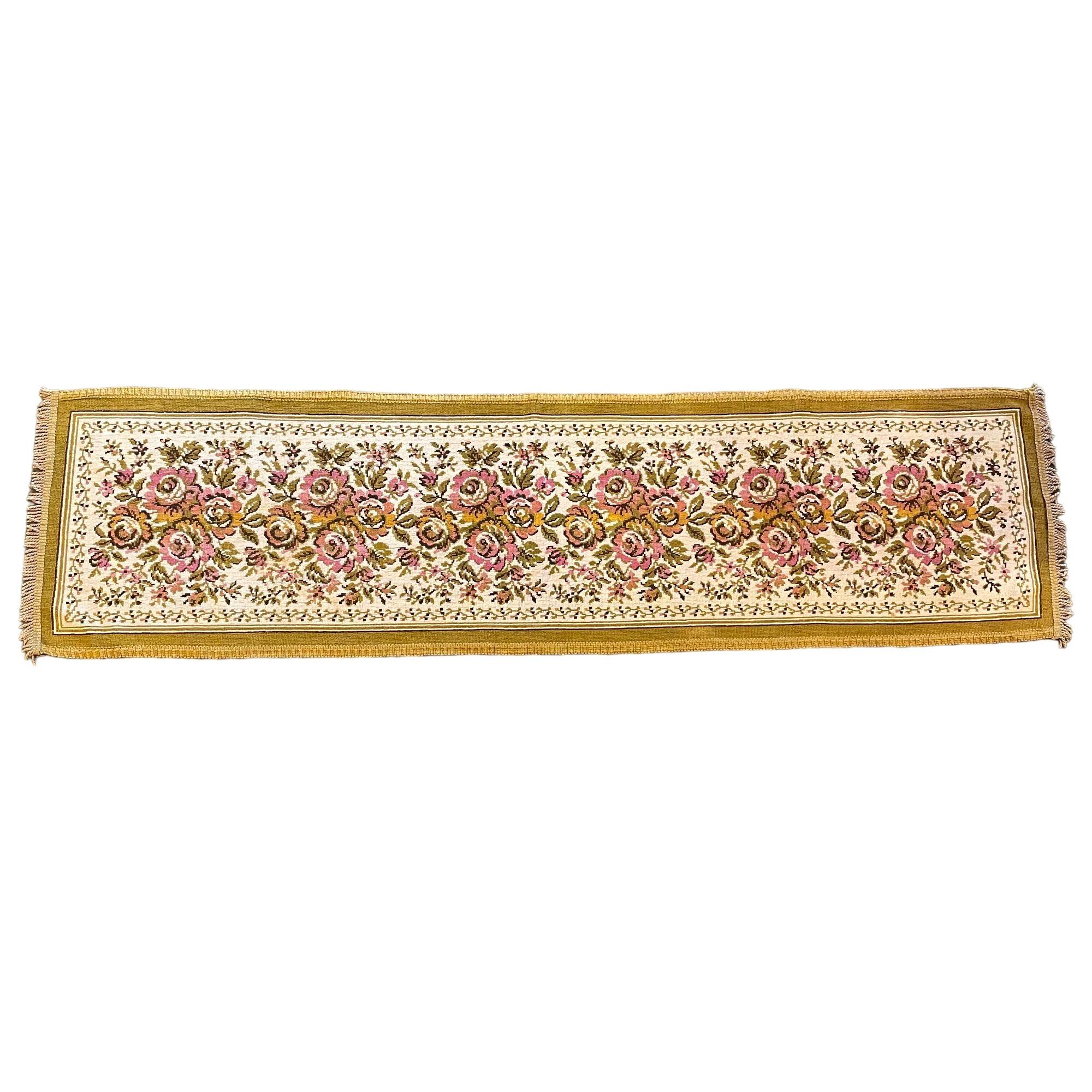 Vintage European Brocade Needlepoint Table Runner With Floral Design In Pink & Brown Earth Tones 48.5"x12.75"