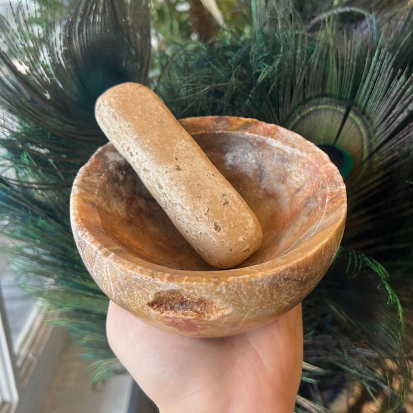 Rustic Hand-Carved Natural Stone Marble Mortar & Pestle Traditional Grinder Set