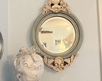 Vintage Ornate French Style Wall Mirror With Floral & Floral Embellishments In Pastel Blue,  Cream