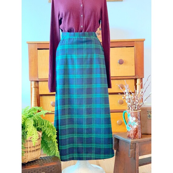 Vintage Navy And Green Long Plaid Skirt - image 1