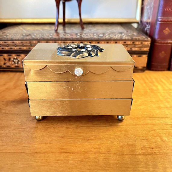 Vintage Gold Tone 3 Tiered Folding Jewelry Box Rhinestones