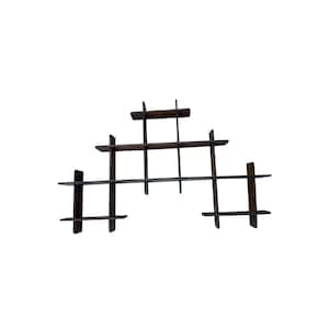 May include: A dark brown, wall-mounted shelf unit with a geometric design. The shelves are arranged in a tiered, asymmetrical pattern, creating a modern and artistic display space. The unit is made of wood.