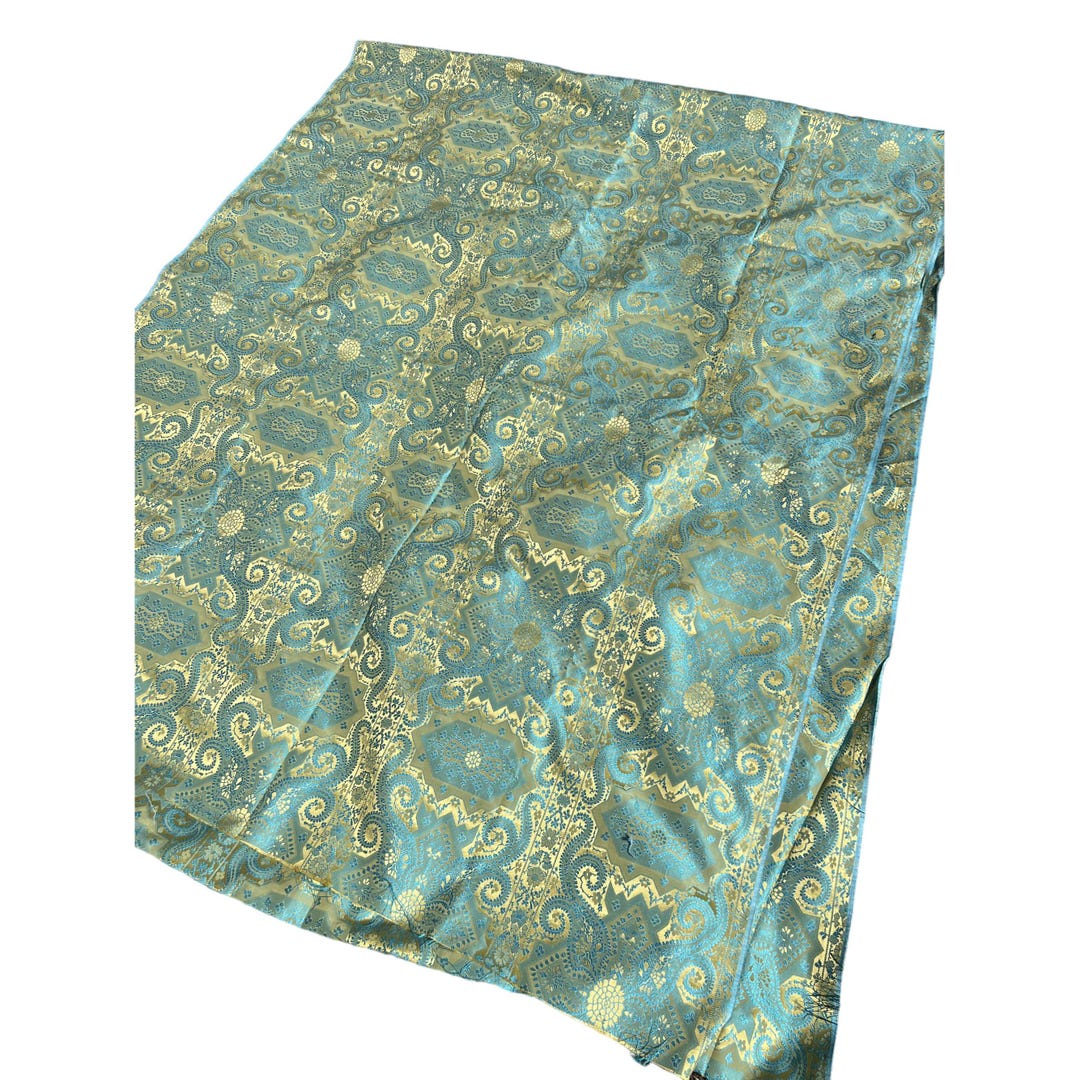 Elegant French Turquoise & Gold Damask Fabric Intricate Pattern Large
