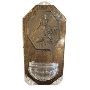 Vintage European Holy Water Hanging St. Therese Religious Plaque in Wood and Brass Detail 8&quot;x4.25&quot;