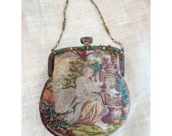 Circa Early 1900's Antique French Gold Filigree Jewelled Framed Tapestry Brocade Evening Bag / Purse Renaissance Courting Couples Images