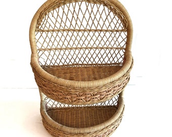 Vintage 1970&#39;s Boho Pink And Natural Rattan Wicker Hanging Shelf Organizer Basket