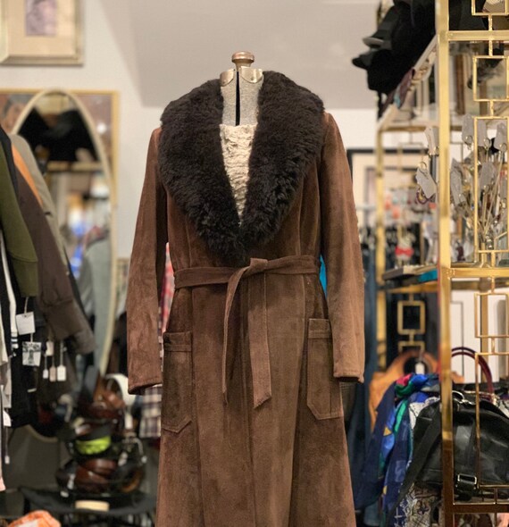 Vintage Brown Suede Shearling Long Coat