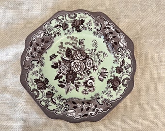 Vintage English Spode Archive Collection Pistachio Green Mint and Brown Transferware Shallow Bowl / Plate