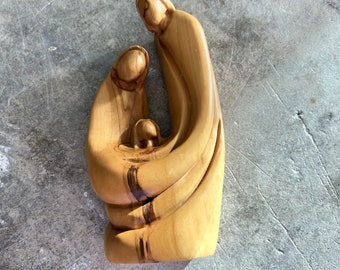 Vintage Hand Carved Abstract Mary, Joseph & Jesus Burnished Wood Sculpture Figurine