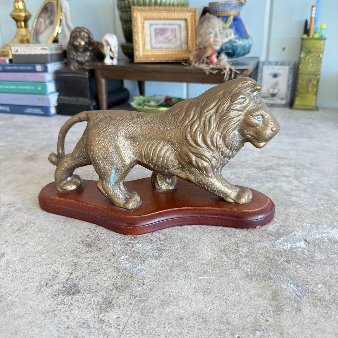 Vintage Brass Lion Figurine on Wooden Base Decorative Animal Sculpture ...