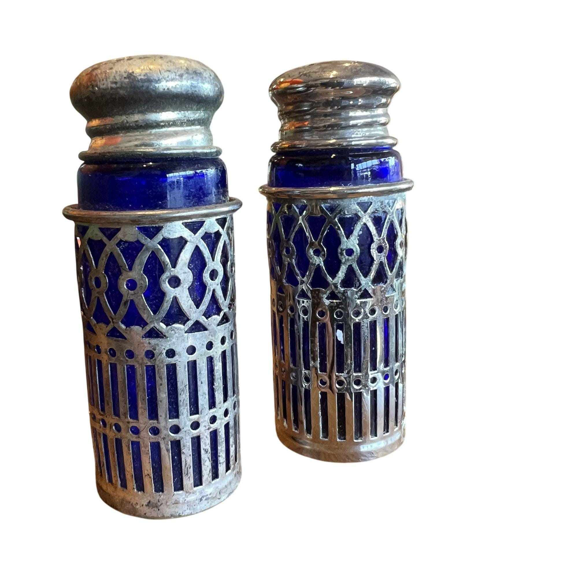 Vintage Leonard Japan Cobalt Blue Glass Salt & Pepper Shakers W/ Ornate Silver-Plated Metal Holders