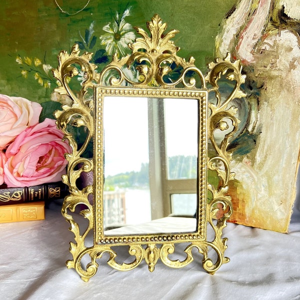 Amazing Ornate Vintage Old World Rococo Style Scrolled Decorative Solid Brass Table Mirror Frame / Hollywood Regency