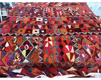 Handwoven Multicolor Geometric Pattern Wool Mola Bedspread / Throw / Blanket Large Size / Pink / Purple / Orange